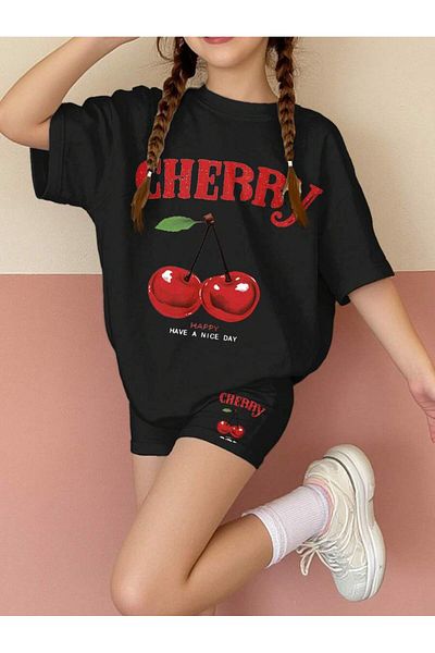 GLOWES Girl's Oversize Cherry Printed Shorts Leggings Set