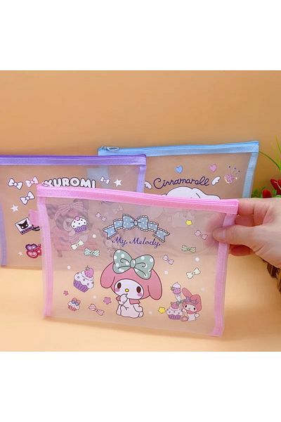 Miniso My Melody Sanrio Mesh Pen Bag Kuromi Cinnamoroll Cartoon Student Waterproof Storage Bag Translucent
