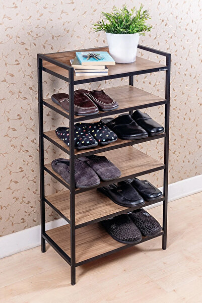 Milonsa Metal Gövdeli 6 Katlı Ayakkabılık ve Raf - Modern Ahşap Desenli Çok Amaçlı Organizer
