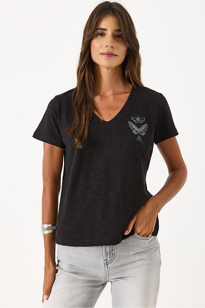 VENA Butterfly Printed Flared T-Shirt - Black