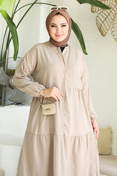 TOFİSA Büzgülü Pat Detaylı Elbise Vizon - 27293