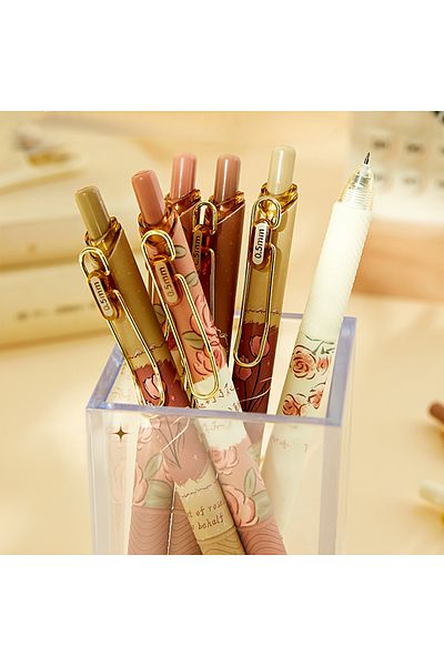 Choice 4pcs Coffe Color 4pcs Rose and Poetry 0.5mm Black Press Gel Pens Animation Student Writing Ink Pen B