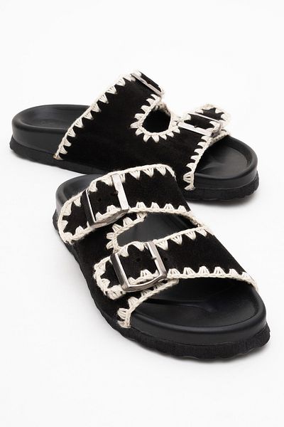 Dericlub Dericlub Women's Drawstring Double Strap Casual Slippers Real Suede Leather Zy 7900 Black