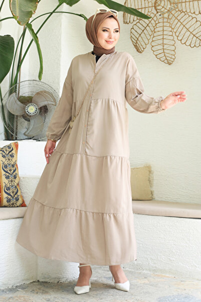 TOFİSA Büzgülü Pat Detaylı Elbise Vizon - 27293