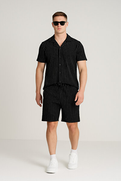 tetramoda Crepe Fabric Striped Short Sleeve Shirt Shorts Set