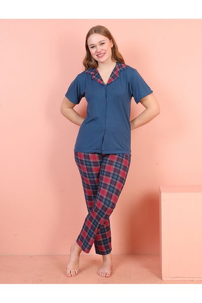 JENİKA Short Sleeve Shirt Collar Double Color Plaid Pattern Buttoned 2-Piece Pajama Set