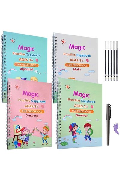 OEM Set 4 x Caiete Sank™ Magic Practice Copybook, 1 x Stilou Magic, 5 x Rezerve, 1 x Suport degete