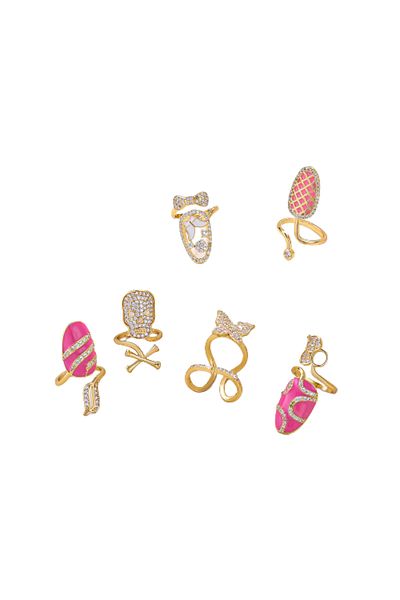 Tessero Set of 6 nail rings, fingertip design, skull and butterfly shape, stones