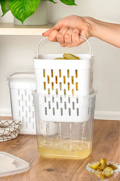 Porsima 1045 2-Piece Pickle Holder with Strainer Multi-Purpose Rectangular Storage Container Set - 2 Lt