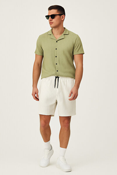 tetramoda Crepe Fabric Striped Short Sleeve Shirt Shorts Set