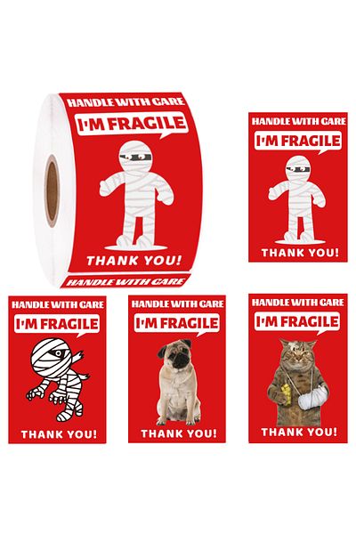 Choice Red 200 PCS Funny Fragile Stickers - 4 Designs (Dog, Cat, Mummy), 3x2 Inches Permanent Adhesive Labe