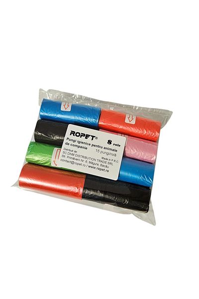 Ropet Set of 8 rolls of household waste bags for feces, 8 rolls x 15 bags, Hygienic bags for dogs and cats