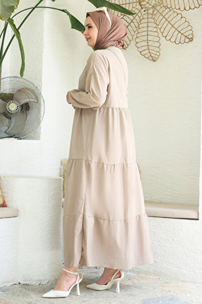 TOFİSA Büzgülü Pat Detaylı Elbise Vizon - 27293