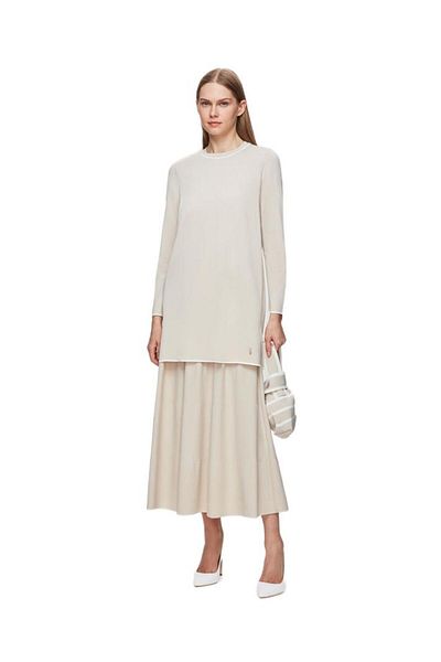 MISS DALIDA Sand Color Stripe Clean Cut Knitwear Tunic T25Y-6031