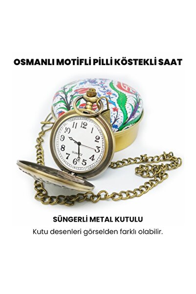UpWay Osmanlı Armalı Zincirli Pilli Pirinç Köstekli Saat Osmanlı Motifli Metal Kutulu