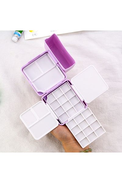 Choice 24 Grids Purple Portable Mini Watercolor Palette Box 24 Grids with Brush Washing Bucket Plastic Soli
