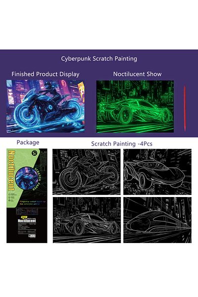 Choice A5 Vehicle 4Pcs/Set A5 DIY Scratch Painting Noctilucent Cyberpunk Motorcycle Supercar Vehicle Night