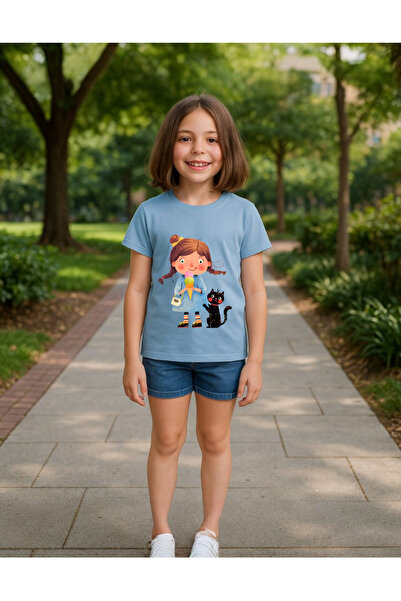 Windy Island Fete guler rotund fetiță și pisică cu imprimeu tricou