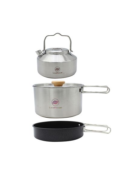 Choice 3 in 1 cookware Leaftour Stainless Steel Camping Cookware Set Kettle Pot Pan - Outdoor Cooking Essen