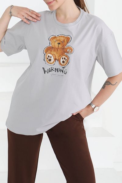 TOFİSA Printed Short Sleeve T-Shirt Gray - 27350