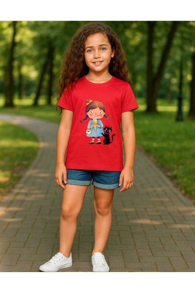 Windy Island Devojčica okrugla kragna Mala devojčica i mačka Štampano T-shirt