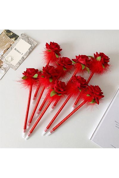 Choice 10pcs Red 10pcs/set Simulated Rose Shaped Ballpoint Pen Valentine's Day Desktop Decoration Supplies