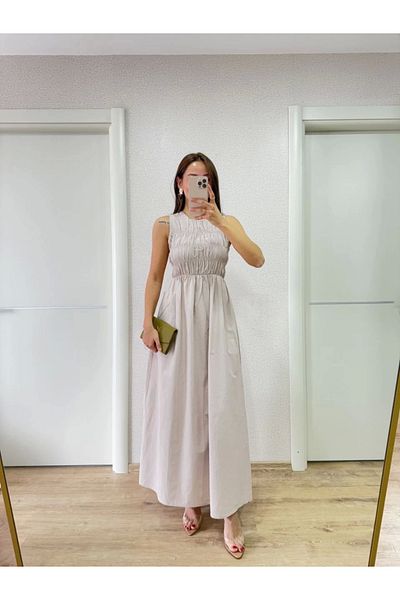 Tam12den Home Sleeveless Chest Elastic 100% Poplin Long Dress - Gray