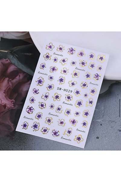 AEÇTASARIM Romantic Mor Gold Çiçekler Tırnak Süsleme Stickerı, Nail Art Süsle...