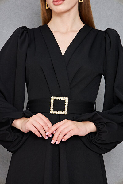 Secret Passion Lingerie Γυναικείο Πέτρινο Σχέδιο Ζώνη Μακρύ Μπαλόνι Μανίκι Διπλό Γιακά Μαύρο Midi Βραδινό Φόρεμα 77132