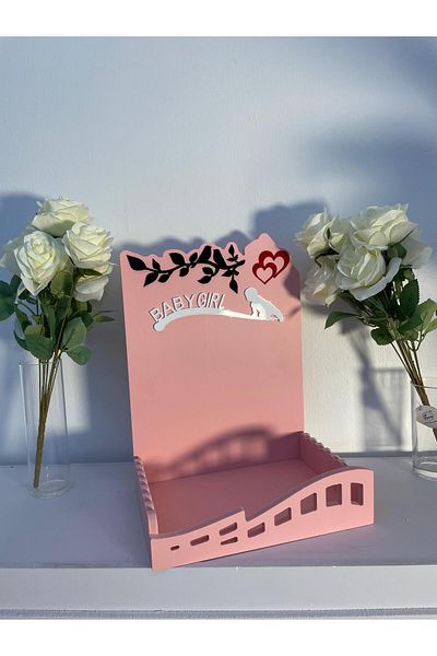 Generica Wooden stand for gifts, chocolates and sweets for newborns, pink color, size 30*20*40 cm