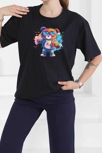 TOFİSA Printed Short Sleeve T-Shirt Black - 27349