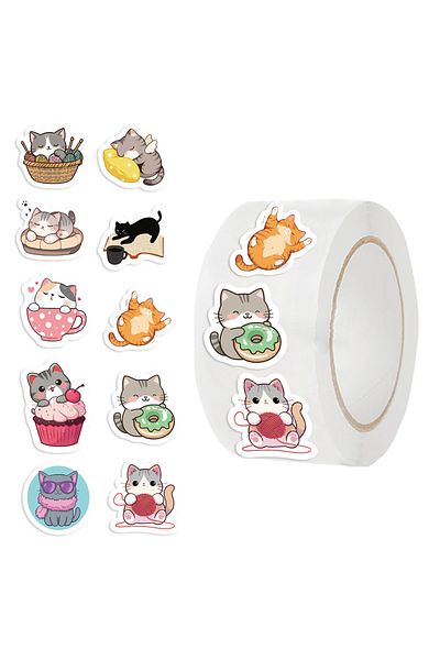 Choice Mix-and-Match Cat Head Stickers Roll (500 Sheets) Decor for Planners, Envelope Sealing & Noteboo...