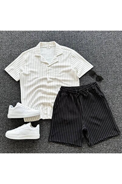 tetramoda Crepe Fabric Striped Short Sleeve Shirt Shorts Set