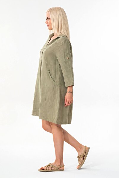Fashion Showcase Φόρεμα Muslin Fakir με μανίκια από φυσικό βαμβάκι με μπροστινή τσέπη με μανίκια τούνελ πράσινο