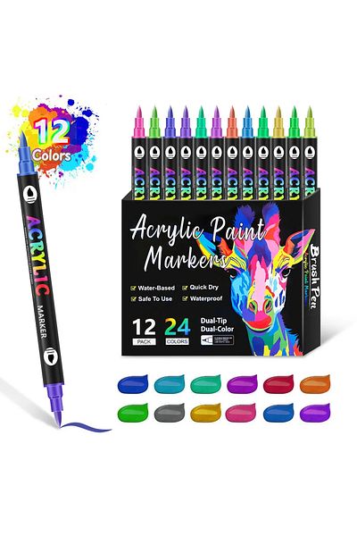 Choice 12Pcs-24 colors 24/48/72 Colors Acrylic Paint Markers,Dual Tip Pens With Dot Tip and Brush Tip for R