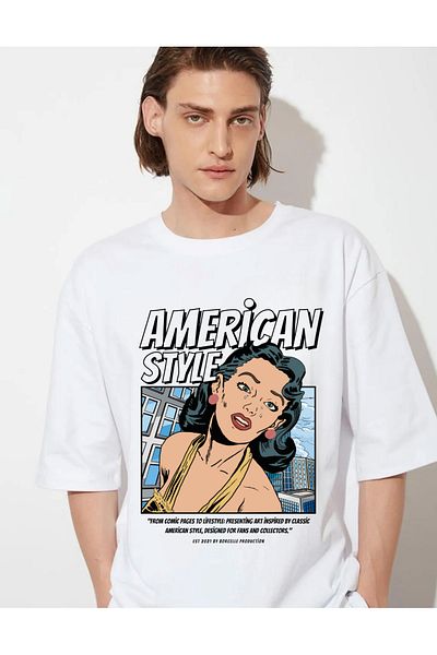 DEEPSENCE Tricou alb oversize pentru bărbați, în stil american, din bumbac imprimat de bază