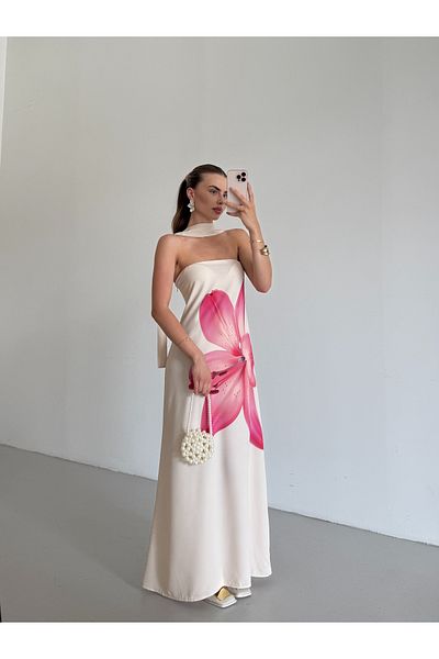Laluvia Κρεμ Στράπλες Μακρύ Φόρεμα με Floral Print