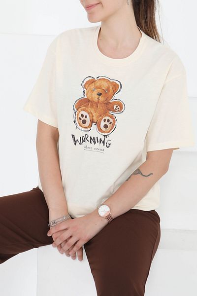 TOFİSA Printed Short Sleeve T-Shirt Cream - 27350