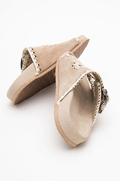 Dericlub Dericlub Women's Drawstring Double Strap Casual Slippers Real Suede Leather Zy 7900 Beige