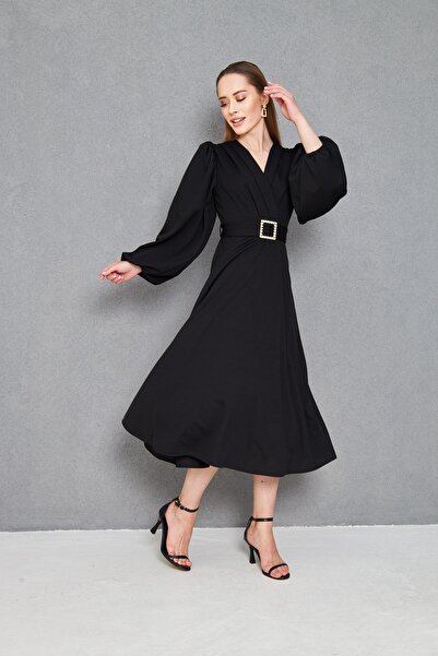 Secret Passion Lingerie Γυναικείο Πέτρινο Σχέδιο Ζώνη Μακρύ Μπαλόνι Μανίκι Διπλό Γιακά Μαύρο Midi Βραδινό Φόρεμα 77132