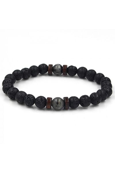 Tessero Brățară elastică cu model simetric din rocă vulcanică, unisex, Tessero, neagră