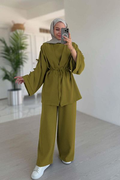 Ka Hijab Triple Suit with Bow Detail Tied Sleeves - Oil Green