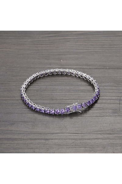 Tessero Bratara Tennis din otel inoxidabil, pietre zirconiu mov, 18 cm, placat cu aur alb 18K, unisex, inchi