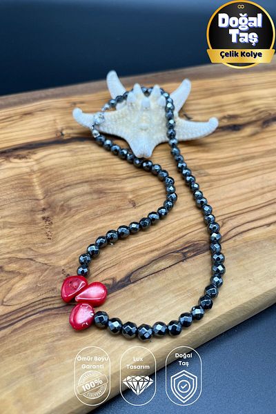Balzamin Design Night and Kora – Hematite & Coral Natural Stone Steel Necklace