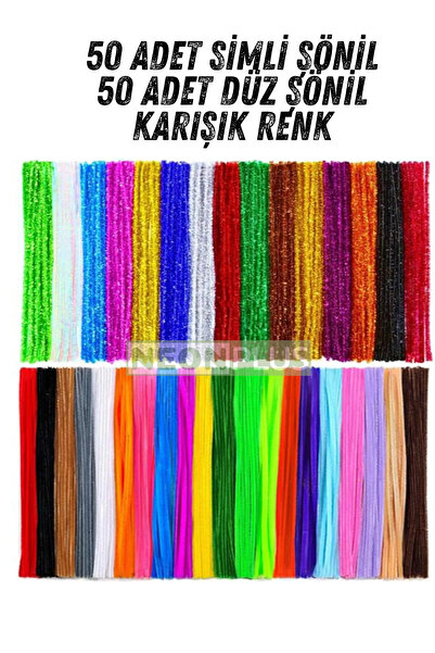 NEON PLUS Renkli Tel Çubuk Şönil 30cm, 50 Adet Simli Şönil ve 50 Adet Renkli ...