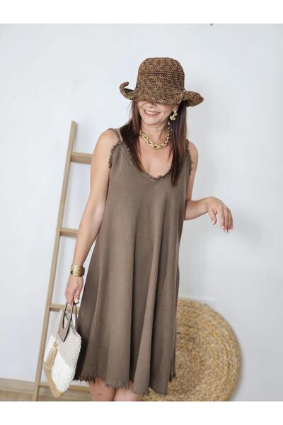Felix Butik FELİX13796 Örgü Askılı Püskül Detaylı Kahverengi Pamuk Elbise