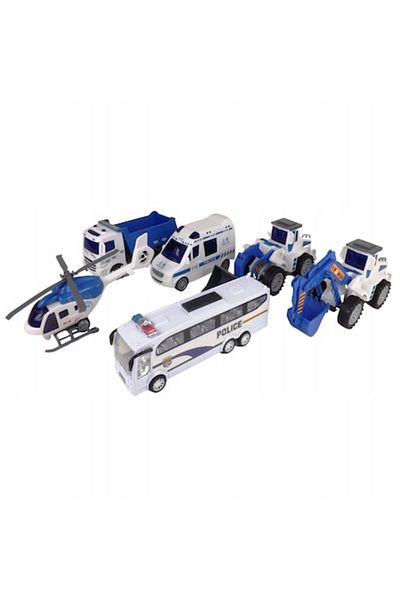 indiggo Set 6 vehicule de jucărie, model de poliție, include elicopter, ambulanță, autobuz, camioane, ideal pentru antrenamentul cu vehicule
