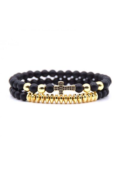Tessero Set of two elastic bracelets made of natural stone, matte onyx, cross pattern plated with zircon stones