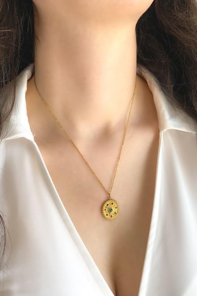 DEMOKAN Women's Steel Necklace Round Plate Colorful Zircon Stone Sun Necklace
