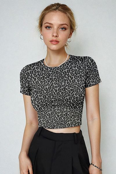 Teenage Millionaire Women's Leopard Printed Cotton Lycra Crew Neck Basic Short Sleeve Stretchy Body Crop